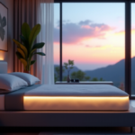 Discover Smarter Sleep Solutions with Advanced Technology Innovations "A serene bedroom featuring a sleek silver smart mattress with LED glow, surrounded by high-tech bedside console and calming artwork, showcasing wellness tech innovations."
