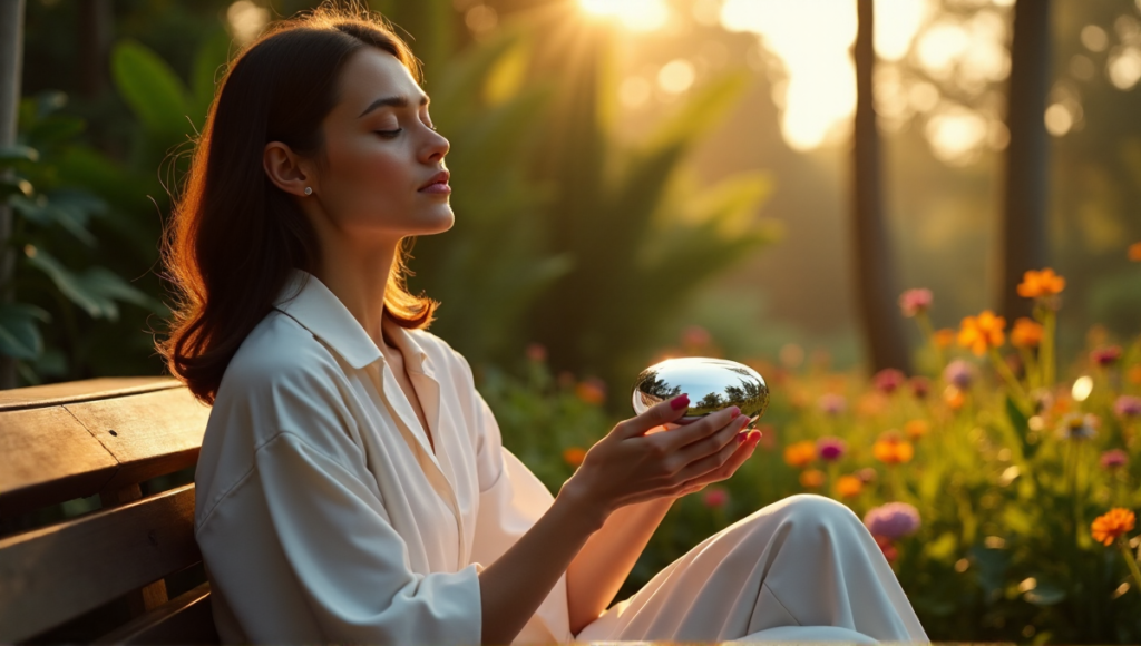 "A serene woman sits on a wooden bench in a tranquil garden at dawn, holding a sleek silver stress-relief device amidst lush greenery and vibrant flowers."
