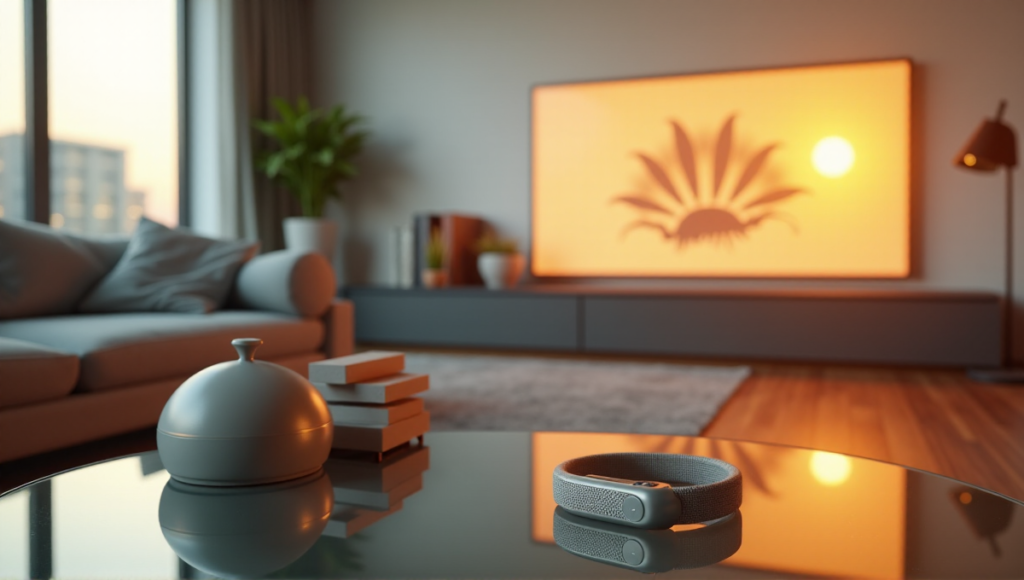 "A serene living room setting featuring a Zenon smart fitness tracker surrounded by wellness gadgets, showcasing modern wellness tech."