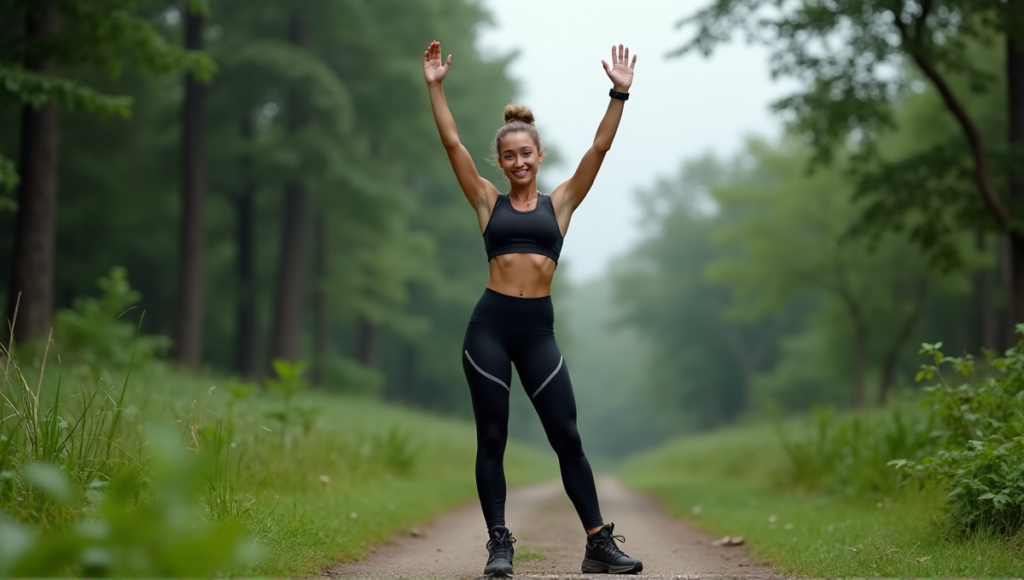 "A young woman stands confidently on a scenic outdoor trail, wearing sleek black sports gear with reflective accents, holding a silver smart activity tracker."