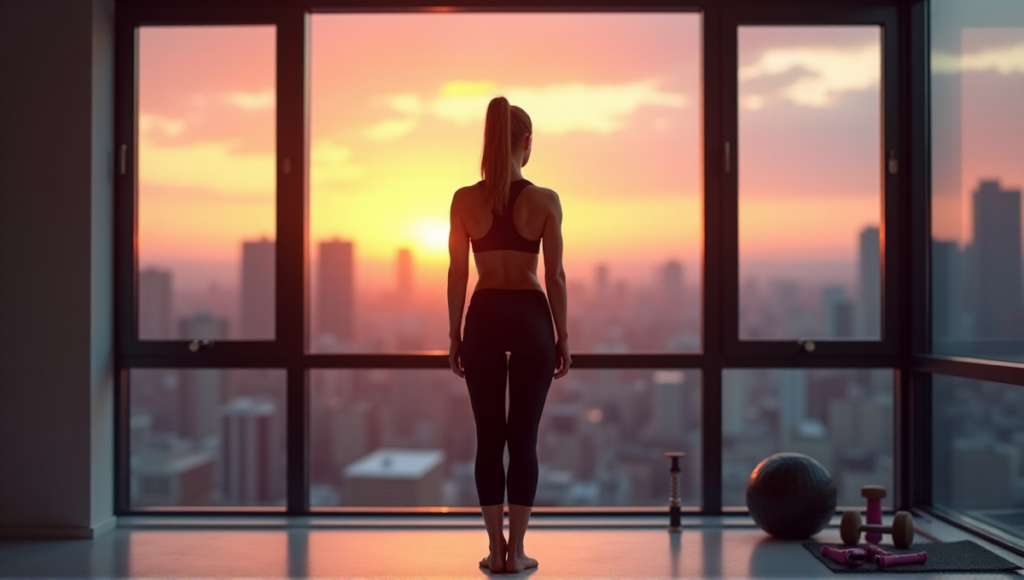 "A young woman stands confidently in front of a cityscape at sunset, wearing athletic wear, surrounded by fitness accessories on a minimalist floor."