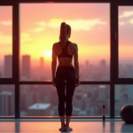 "Unlock Your Fitness Potential with Top Health and Wellness Apps That Deliver Results" "A young woman stands confidently in front of a cityscape at sunset, wearing athletic wear, surrounded by fitness accessories on a minimalist floor."