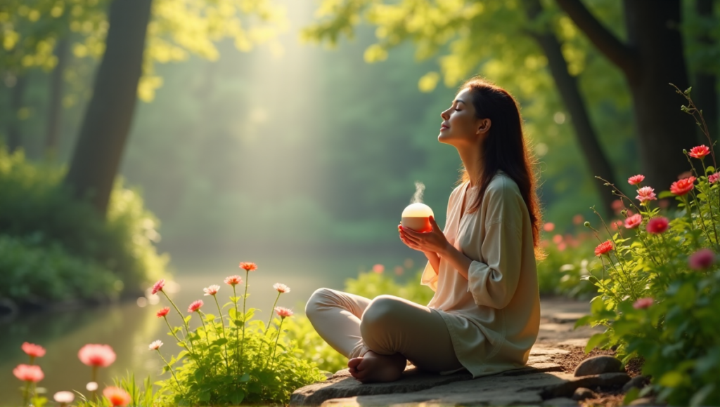 "A serene woman sits on a natural stone bench surrounded by lush greenery, holding an essential oil diffuser and noise-cancelling headphones, exuding inner peace in a tranquil forest clearing."