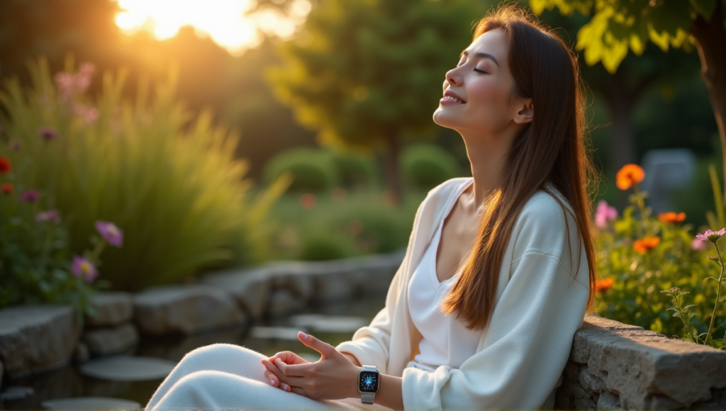 "A serene woman sits on a natural stone bench surrounded by lush greenery and vibrant flowers, wearing a sleek silver smartwatch with a soft LED light."