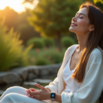 "Unlock Calmness with the Best Stress Relief Devices for a Smarter You" "A serene woman sits on a natural stone bench surrounded by lush greenery and vibrant flowers, wearing a sleek silver smartwatch with a soft LED light."