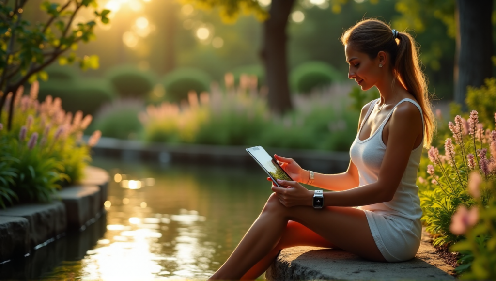 "A serene woman sits on a natural stone bench amidst a lush garden, surrounded by blooming flowers and trees, with sleek devices reflecting off a still pond in the background."