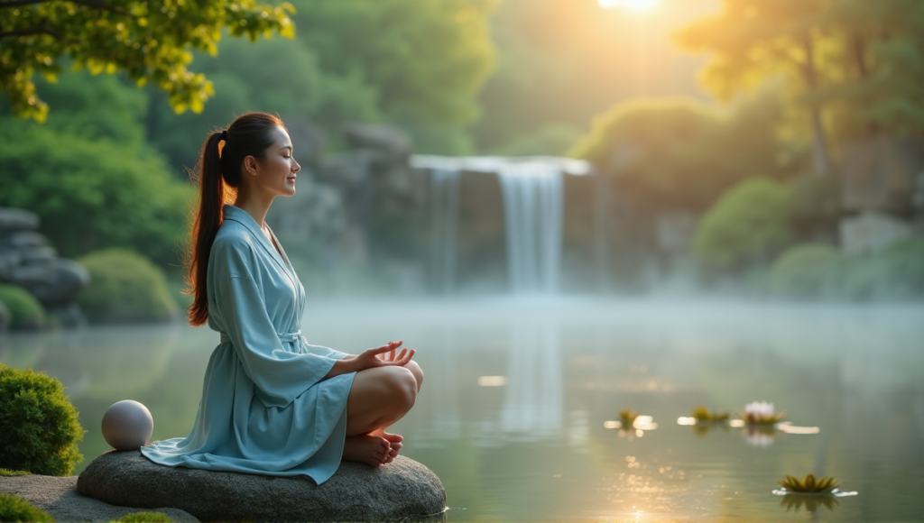 "A serene woman sits on a natural stone bench in a tranquil Japanese garden, surrounded by wellness tech devices like a meditation ball, essential oil diffuser, and calming sound machine."