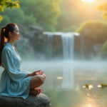 "Unlock Calmness with Zenon's Best Stress Relief Devices for a Smarter You" "A serene woman sits on a natural stone bench in a tranquil Japanese garden, surrounded by wellness tech devices like a meditation ball, essential oil diffuser, and calming sound machine."