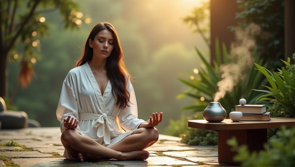 "A serene woman meditates on a stone patio surrounded by lush greenery, using mindfulness gadgets like a meditation timer and essential oil diffuser, amidst wellness tech and self-help resources."