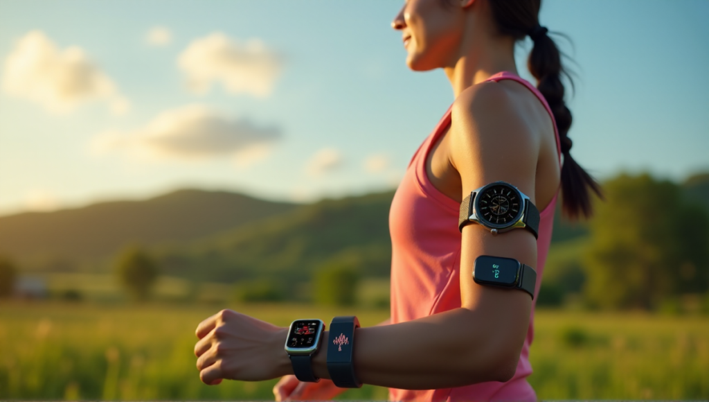 "A person wearing multiple health monitoring wearables in a serene natural setting, showcasing wellness tech and metrics like pulse rate and step count."