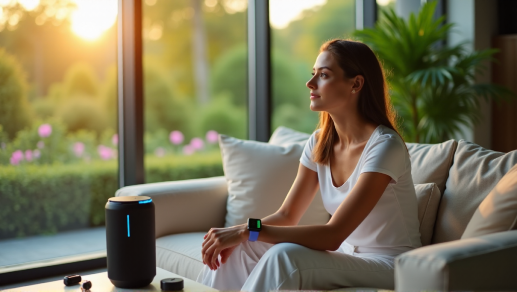 "A serene woman sits on a plush couch in a modern living room surrounded by wellness tech devices, enjoying natural light and a lush garden view."