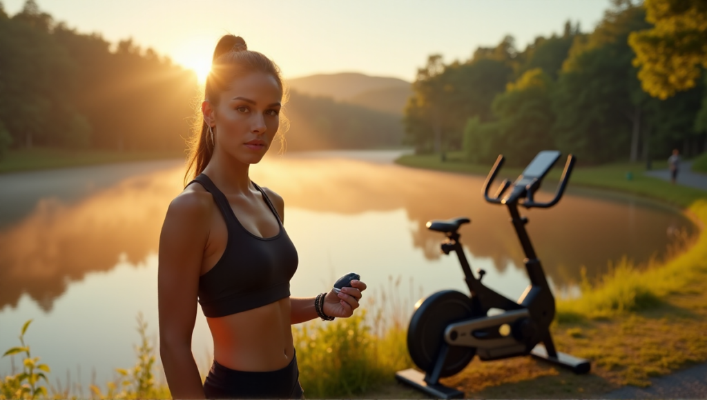 "A young woman stands confidently on a scenic outdoor trail overlooking a serene lake at sunrise, wearing sports attire and holding a futuristic smartwatch, with a high-tech fitness bike behind her."
