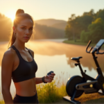 Achieve Your Fitness Goals with the Best Activity Trackers and Wellness Gadgets of 2025 "A young woman stands confidently on a scenic outdoor trail overlooking a serene lake at sunrise, wearing sports attire and holding a futuristic smartwatch, with a high-tech fitness bike behind her."