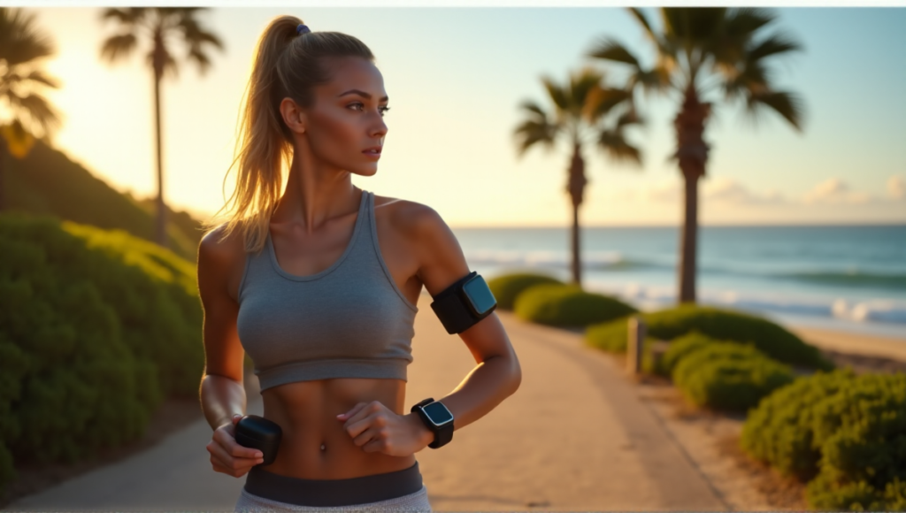 "A young woman stands on a coastal path at sunrise, wearing fitness tracking devices and gazing out at the ocean with determination and pride in her wellness tech journey."