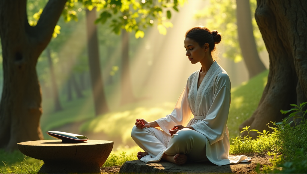"A serene individual sits cross-legged on a natural stone bench in a lush forest, surrounded by biometric devices and tranquil atmosphere, embodying holistic wellness tech principles."