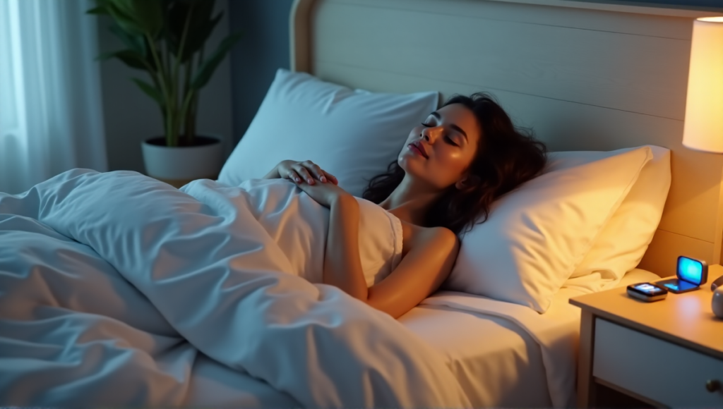 "A serene woman lies peacefully in a minimalist bedroom at dusk, surrounded by sleep technology innovations and soft golden hour lighting."