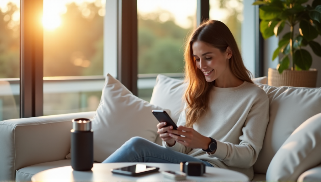 "A serene woman surrounded by wellness gadgets and health apps, exuding calmness and contentment in a modern living room with soft natural light."
