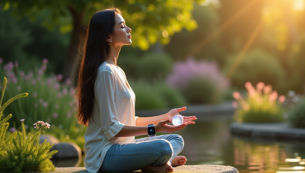 "A serene woman meditates in a Zen garden with advanced wellness tech, surrounded by lush greenery and soft light."