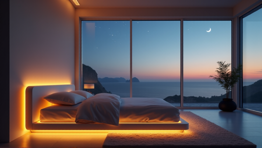 "A serene bedroom at dusk featuring a high-tech smart bed and floor-to-ceiling window with a peaceful night sky, showcasing wellness tech innovations."