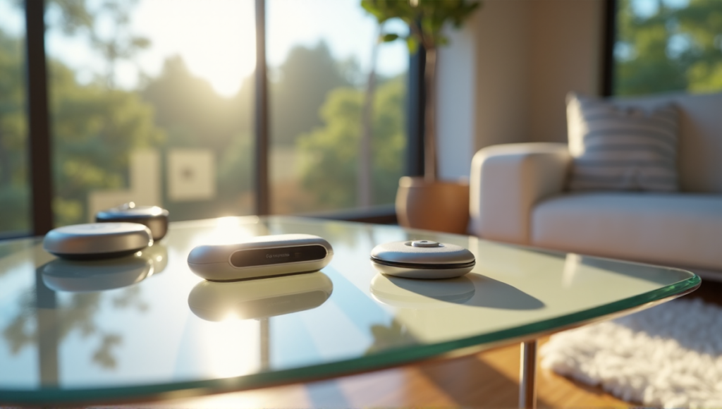 "A serene living room scene featuring a silver smart fitness tracker on a glass coffee table surrounded by wellness gadgets, including an air purifier, sleep mask, and meditation device."