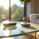 Revolutionize Your Routine with Top Wellness Gadgets 2025 "A serene living room scene featuring a silver smart fitness tracker on a glass coffee table surrounded by wellness gadgets, including an air purifier, sleep mask, and meditation device."