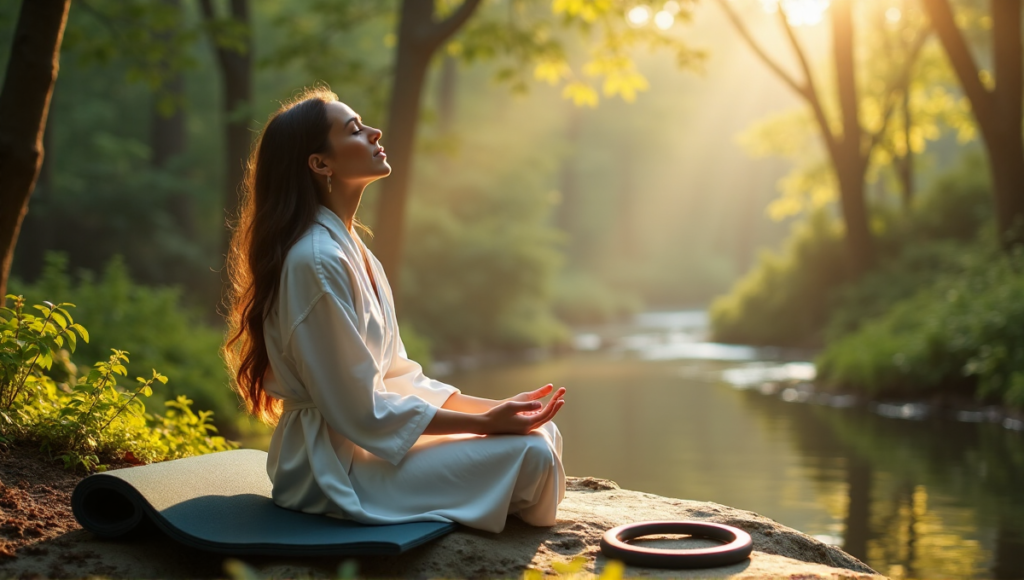 "A serene woman sits on a natural stone bench amidst a lush forest, surrounded by wellness gadgets like heart rate monitors and meditation devices, embodying balance with holistic technology."