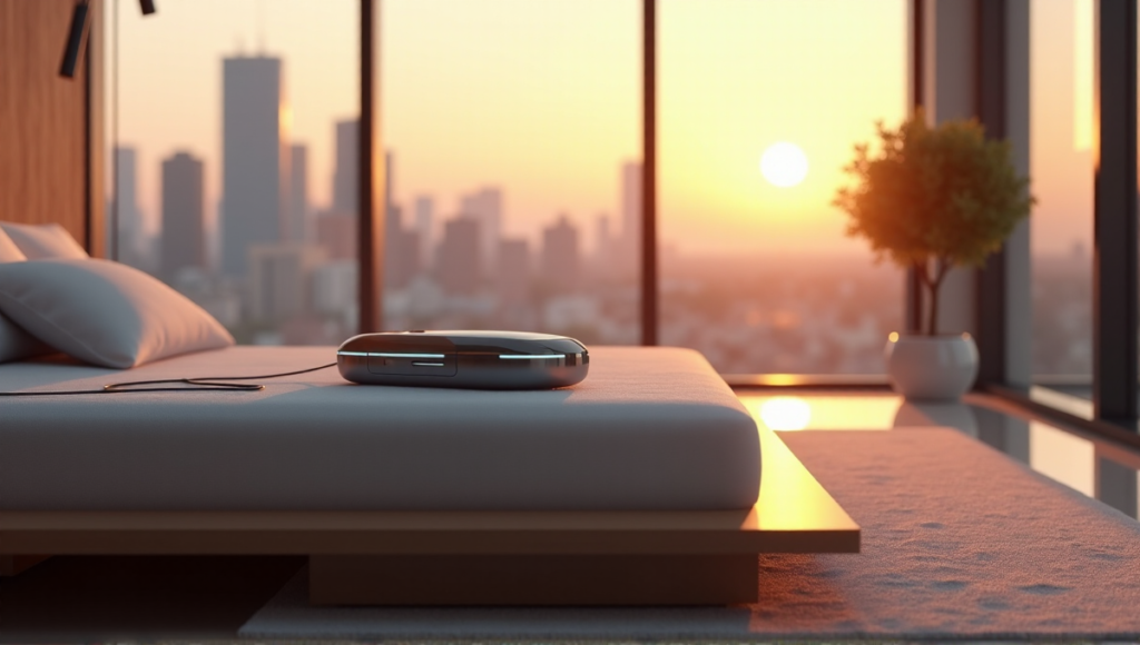 "A modern bedroom featuring a sleek smart sleep gadget, surrounded by calming elements and a serene cityscape at sunset, showcasing wellness tech in a peaceful environment."