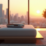 Smart Sleep Gadgets That Fit Every Lifestyle: Unlock Better Rest with Advanced Innovations "A modern bedroom featuring a sleek smart sleep gadget, surrounded by calming elements and a serene cityscape at sunset, showcasing wellness tech in a peaceful environment."