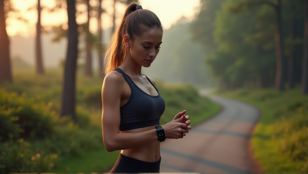"A young woman stands on a forest path, wearing a sleek black sports watch with a silver Zenon logo, gazing at her watch with determination amidst a serene misty morning atmosphere."