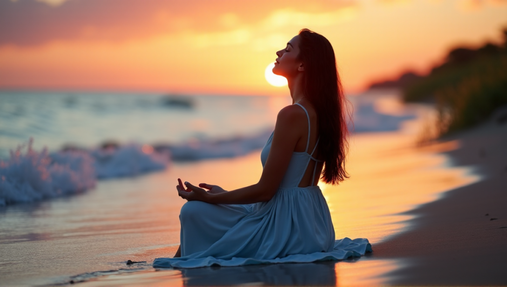 "A serene woman sits on a tranquil beach at sunset, surrounded by calming ocean waves and warm golden light, evoking feelings of relaxation and inner peace."