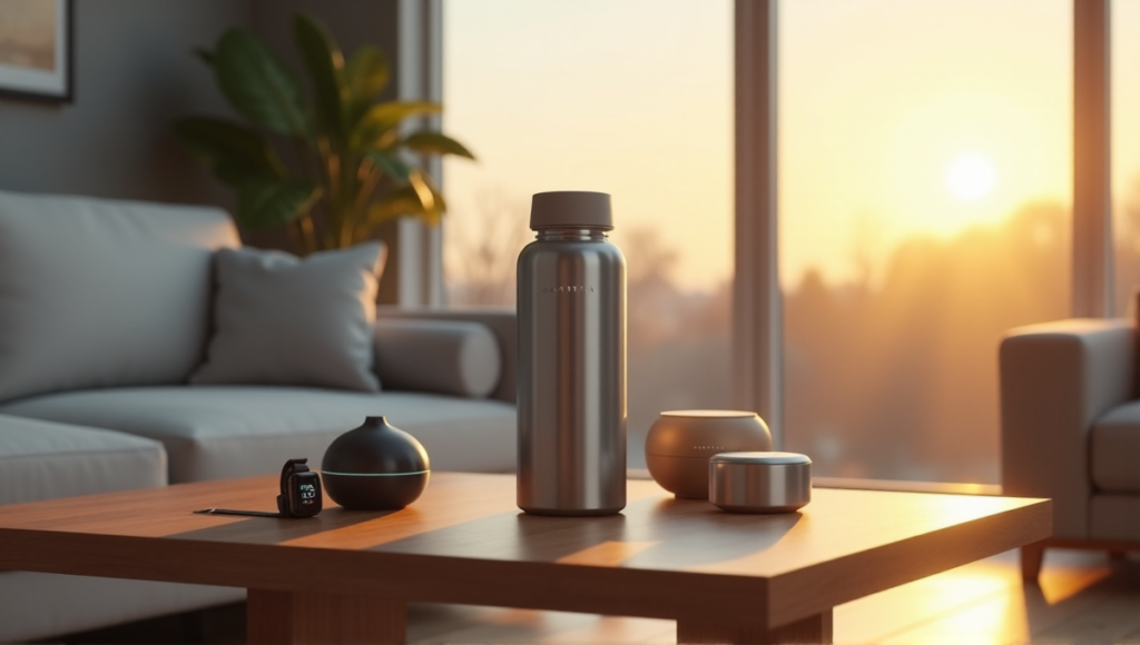 "A serene living room featuring a smart water bottle and various wellness gadgets, showcasing modern wellness tech in a relaxing atmosphere."