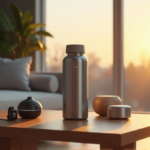 Discover Top Wellness Gadgets That Promote Overall Well-Being and Optimal Health "A serene living room featuring a smart water bottle and various wellness gadgets, showcasing modern wellness tech in a relaxing atmosphere."