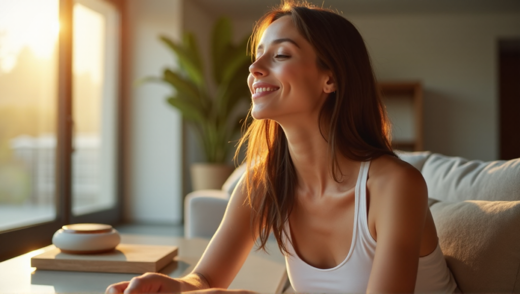 "A young woman relaxes on a couch amidst modern wellness gadgets in a serene sunlit room, showcasing effortless wellness through technology."