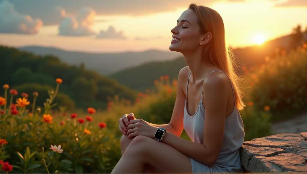 "A serene woman sits on a natural stone bench amidst lush greenery, holding a sleek silver smartwatch with soft LED display, surrounded by warm summer evening light and vibrant flowers."