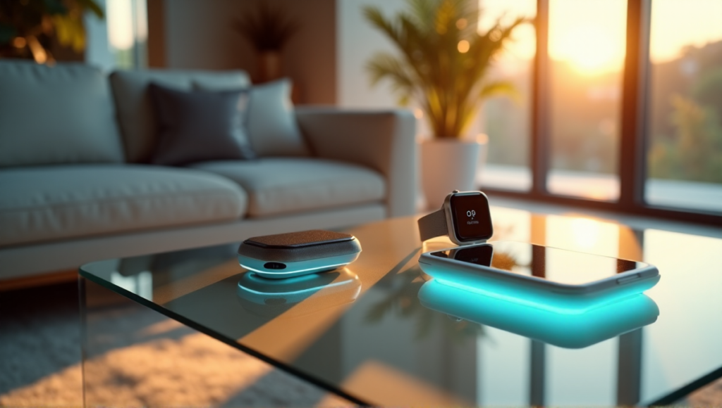 "A modern living room featuring sleek health gadgets: a smartwatch, blood pressure monitor, and portable ECG device, showcasing wellness tech in a serene setting."