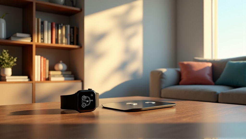 "A serene living room featuring a high-tech fitness tracker watch and various wellness gadgets, showcasing cutting-edge wellness tech."