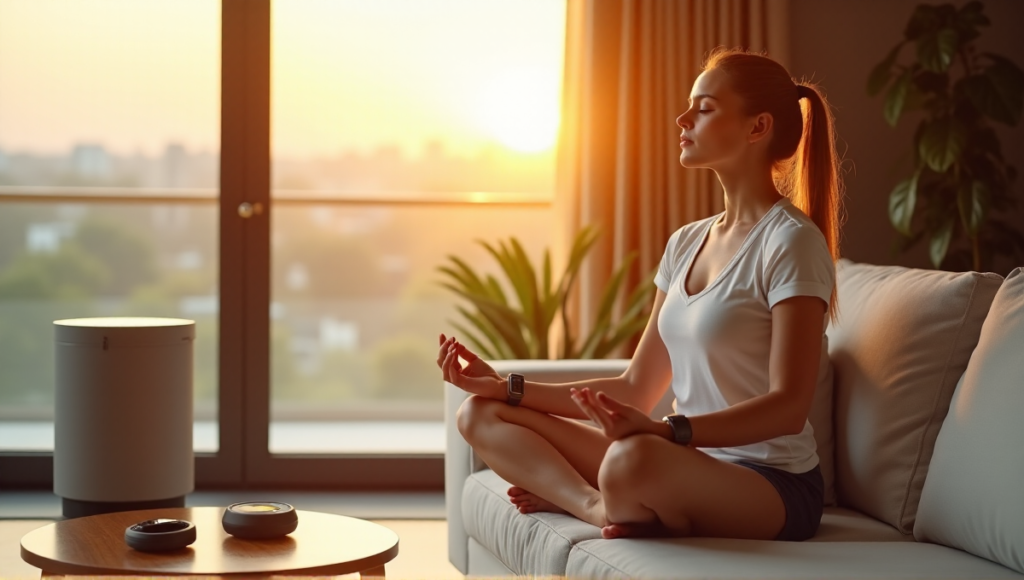 "A serene young woman practices yoga on a plush couch amidst modern wellness gadgets in a minimalist living room bathed in warm golden hour sunlight."