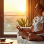 "Tech-Driven Wellness: Top Gadgets for Everyday Balance and Optimal Health" "A serene young woman practices yoga on a plush couch amidst modern wellness gadgets in a minimalist living room bathed in warm golden hour sunlight."