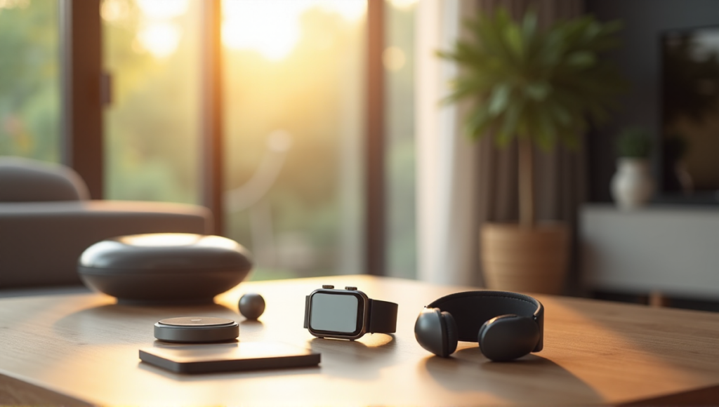 "A serene modern living room featuring a minimalist desk with sleek wellness tech gadgets, surrounded by natural light pouring in through a floor-to-ceiling window."