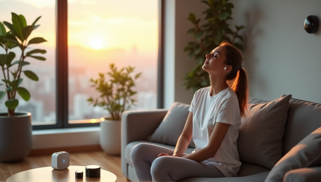 "A woman relaxes on a couch surrounded by wellness tech gadgets in a serene living room with natural light."