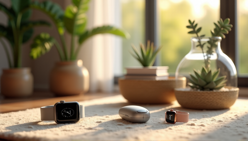"A serene living room featuring wellness tech: Apple Watch Series 8, ECG-enabled monitor, blood pressure cuff, and Fitbit Inspire HR on a minimalist desk amidst lush greenery."