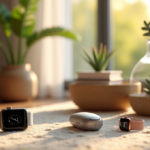 Zenon's Top Wellness Gadgets for a Balanced Lifestyle: Ultimate Guide to Fitness Trackers and Smart Devices for Optimal Health "A serene living room featuring wellness tech: Apple Watch Series 8, ECG-enabled monitor, blood pressure cuff, and Fitbit Inspire HR on a minimalist desk amidst lush greenery."