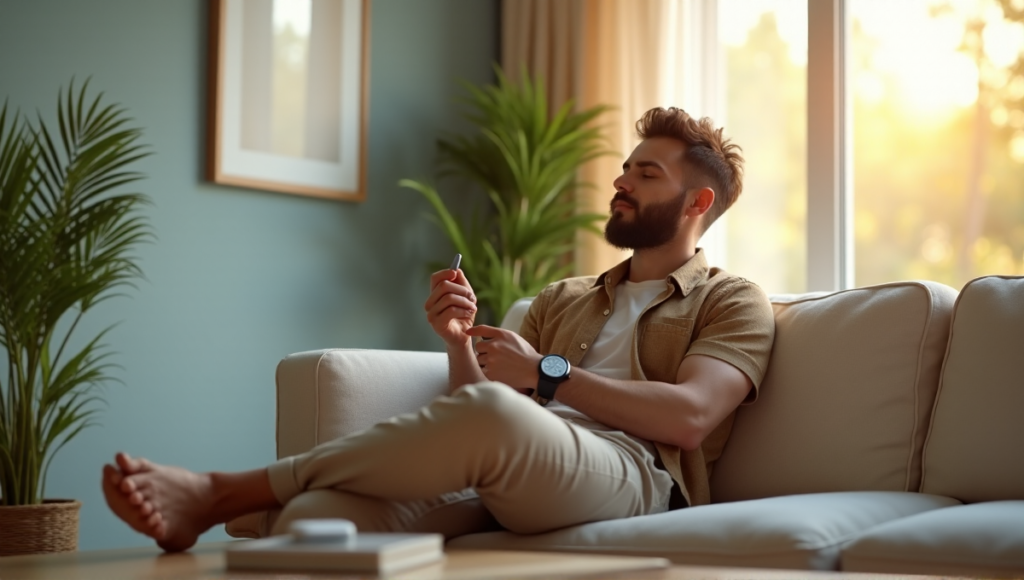 "A person relaxes on a cream-colored couch in a serene living room with pale blue walls and natural light, surrounded by wellness tech devices."
