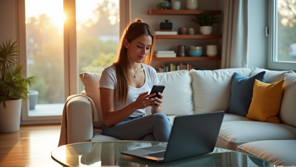 "A young woman sits on a minimalist couch surrounded by health and wellness apps on her iPhone and laptop, exemplifying effective use of wellness tech."