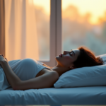 "Recharge and Rejuvenate with Smart Sleep Tech: Unlock Better Rest Tonight" "A serene bedroom scene at dusk featuring a woman sleeping peacefully in bed with soft golden hour lighting and a minimalist nightstand displaying a smart sleep device emitting a blue glow."