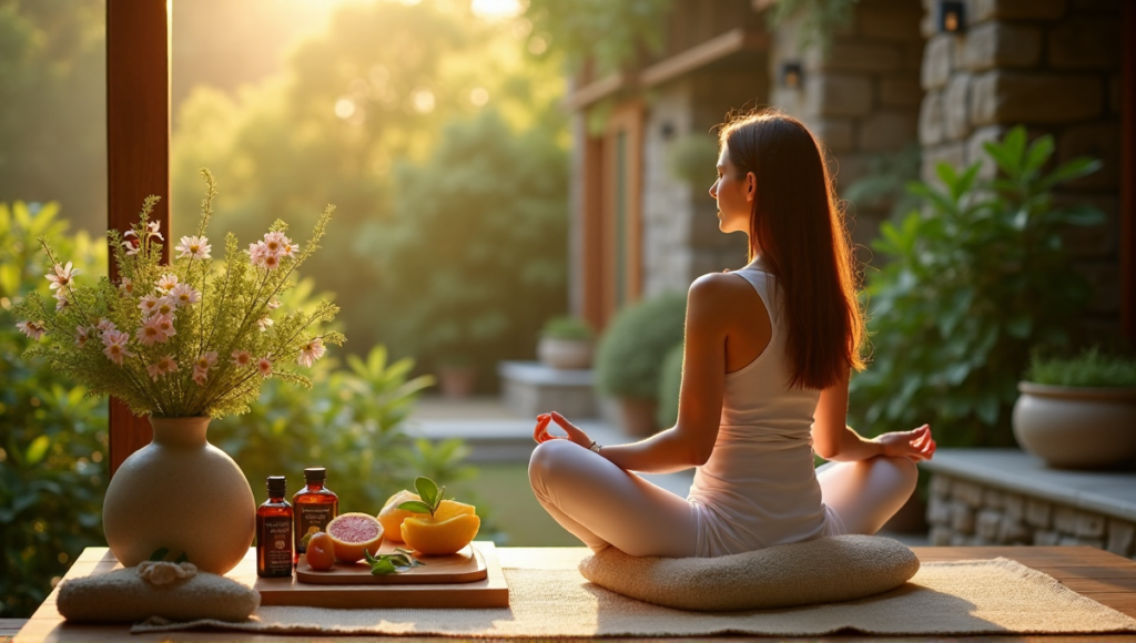 "A serene natural setting featuring a person surrounded by wellness products, including essential oils, herbal teas, and organic fruits, amidst lush greenery and warm golden hour lighting."