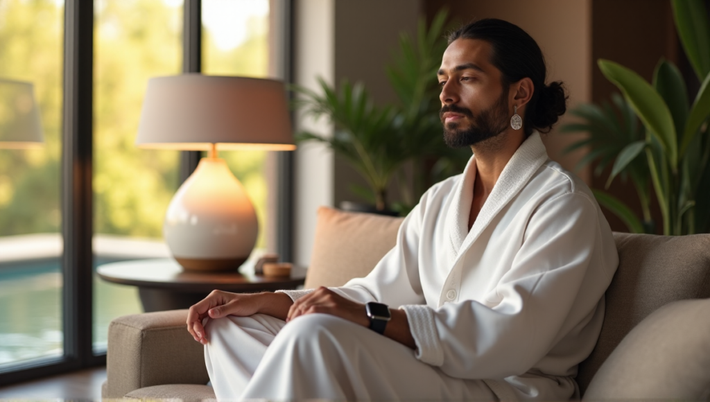 "Image of Zenon on a modern couch surrounded by wellness gadgets, showcasing a serene atmosphere with subtle blend of natural and industrial elements."