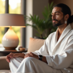 "Zenon's Ultimate Guide to Wellness Tech: Top Gadgets for Optimal Health and Balance" "Image of Zenon on a modern couch surrounded by wellness gadgets, showcasing a serene atmosphere with subtle blend of natural and industrial elements."