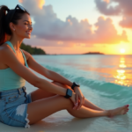 "Unlock Optimal Wellness with Top Health Monitoring Wearables and Smart Tech Solutions" A young woman relaxes on a serene beach at sunset, wearing wellness tech accessories like a smart watch and fitness tracker, surrounded by lush greenery and crystal-clear water.