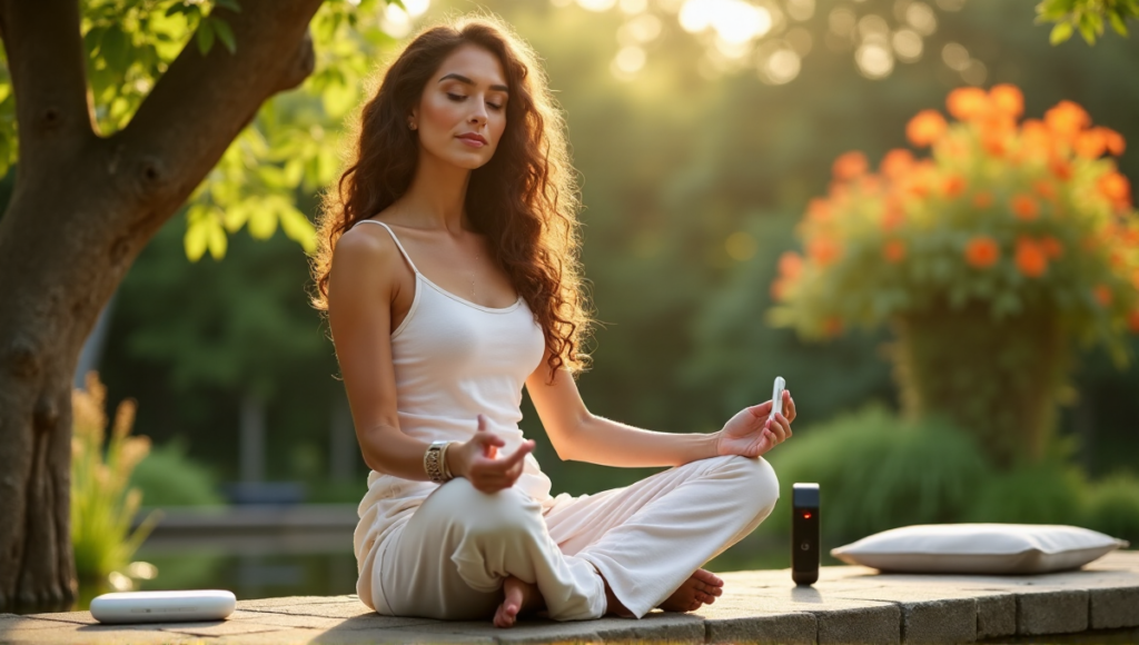 "A serene woman sits on a natural stone bench in a tranquil garden, surrounded by lush greenery and vibrant flowers, with her hands holding a smartwatch and air quality monitor, embodying wellness tech."